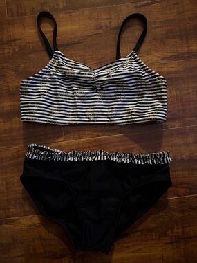 Cat & Jack Black and White Striped Girls Bikini Set with Gold Starfish